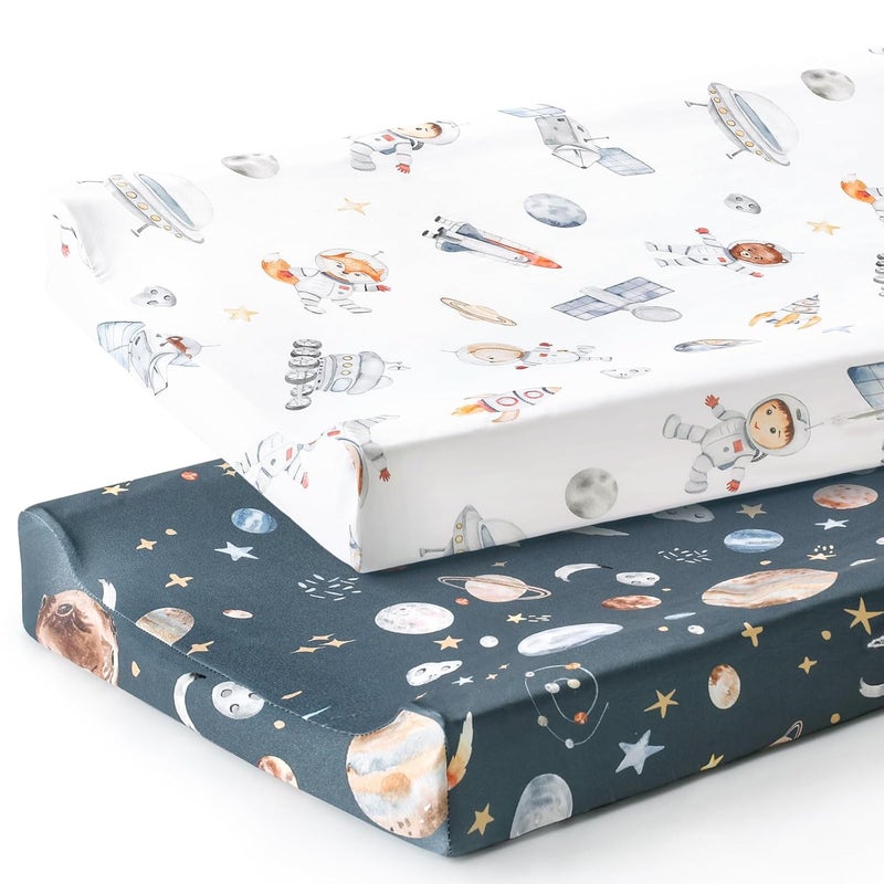 GRSSDER Stretch Ultra Soft Jersey Knit Changing Pad Cover Set 2 Pack, Change Table Pad Covers Fit 32"/34" x 16" Pads Safe and Snug, Space Print for Boys and Girls - Image 1